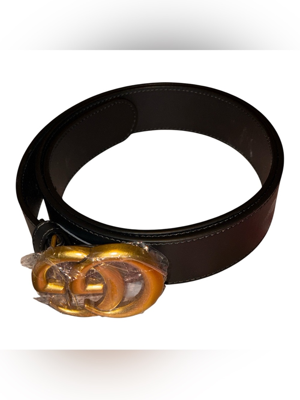 Black Leather Belt with Gold Interlocking Buckle